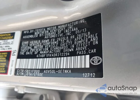 2013 Toyota Camry Le из США, поврежденный, VIN 4T4BF1FK4DR312294